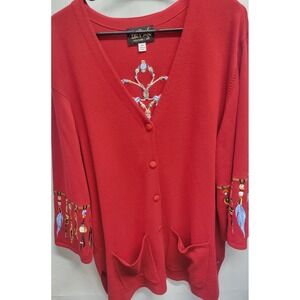 Bob Mackie Wearable Art Red Embroidered Native Dreamcatcher Cardigan Sweater 2X